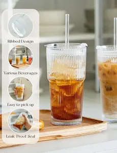 20 oz Glass Tumblers, Iced Coffee Cups with Lids and Glass Straws, Thickened Wall Ribbed Glass Cups, Ideal for Smoothies, Cocktails, and Juices – Vintage and Durable Drinkware – 1 Pack