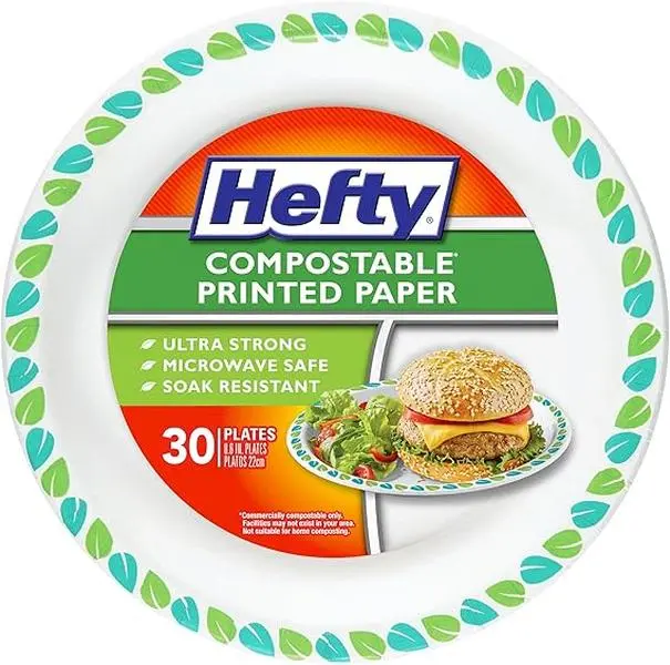 Hefty Compostable Paper Plates, 8.6 Inches, 30 Count, Patterned Disposable Plates for BBQs, Parties, Holidays, Potlucks, and Everyday, Soak-Resistant, Made with Plant-Based Materials, Microwave Safe