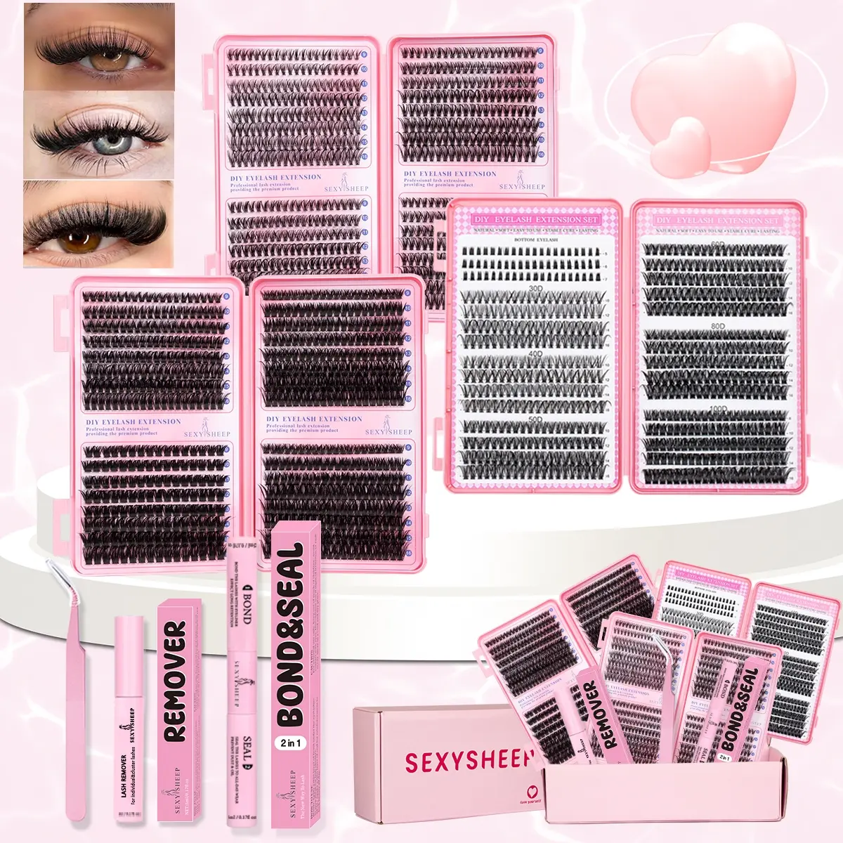 False Eyelashes D Curl Mixed Length Synthetic Fiber DIY Kit, Natural Look Beginner Friendly Lashes Set with Glue Remover Tweezers for Beginners, DIY Eyelash Extensions
