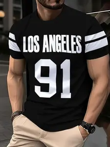 Men's Round Neck T-Shirt with Letter and Number Print, Summer Casual Short Sleeve Top for Street Fashion, Fitted Style for Everyday Wear
