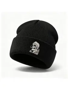 Unisex Knit Cozy Beanie with Embroidered Skull Design, Casual Fitted Hat for Fall & Winter, Street Fashion Outdoor Sports Cap, Knit Hats, Knitting Beanie, Knitted Hat