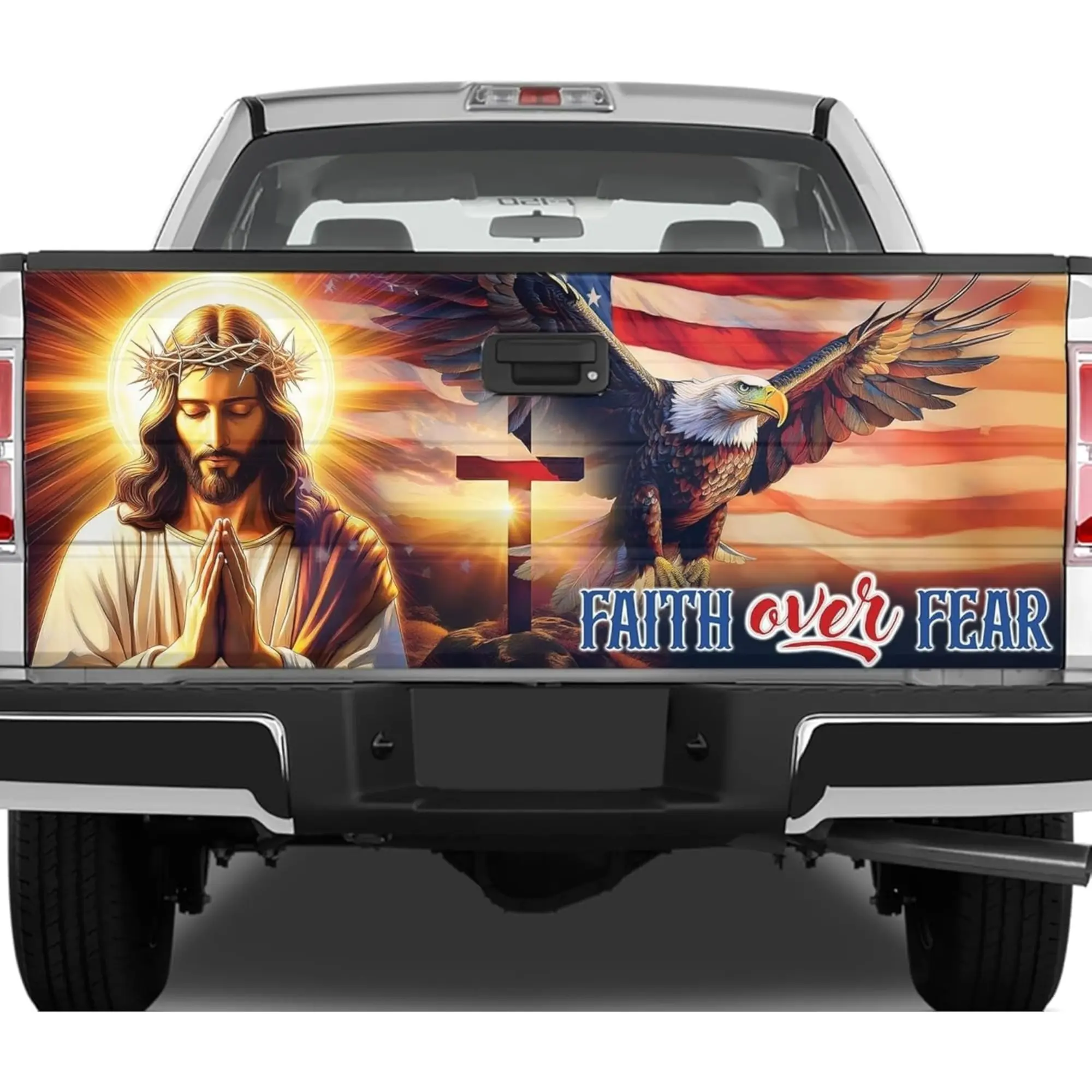 Faith Over Fear Jesus Eagle Truck Tailgate Wrap – America Flag and Glowing Cross 2D Printed Graphic, Christian Pickup Tailgate Decal, Patriotic Religious Vehicle Exterior Decor, Gift for Believers