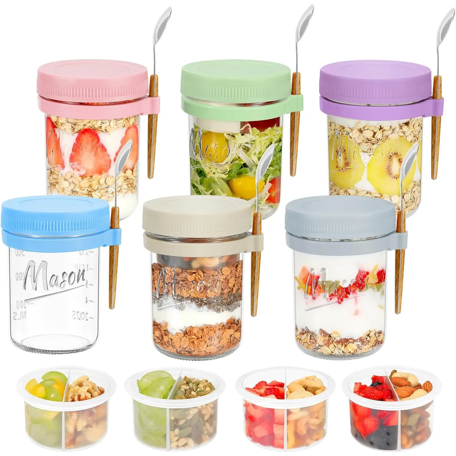 6 Pack Overnight Oats Containers with  and Spoons, 16 oz Mason Jars with Removable Separate Compartments, Airtight and Leak-Proof Glass Jars for  Pudding, Yogurt, and Oatmeal