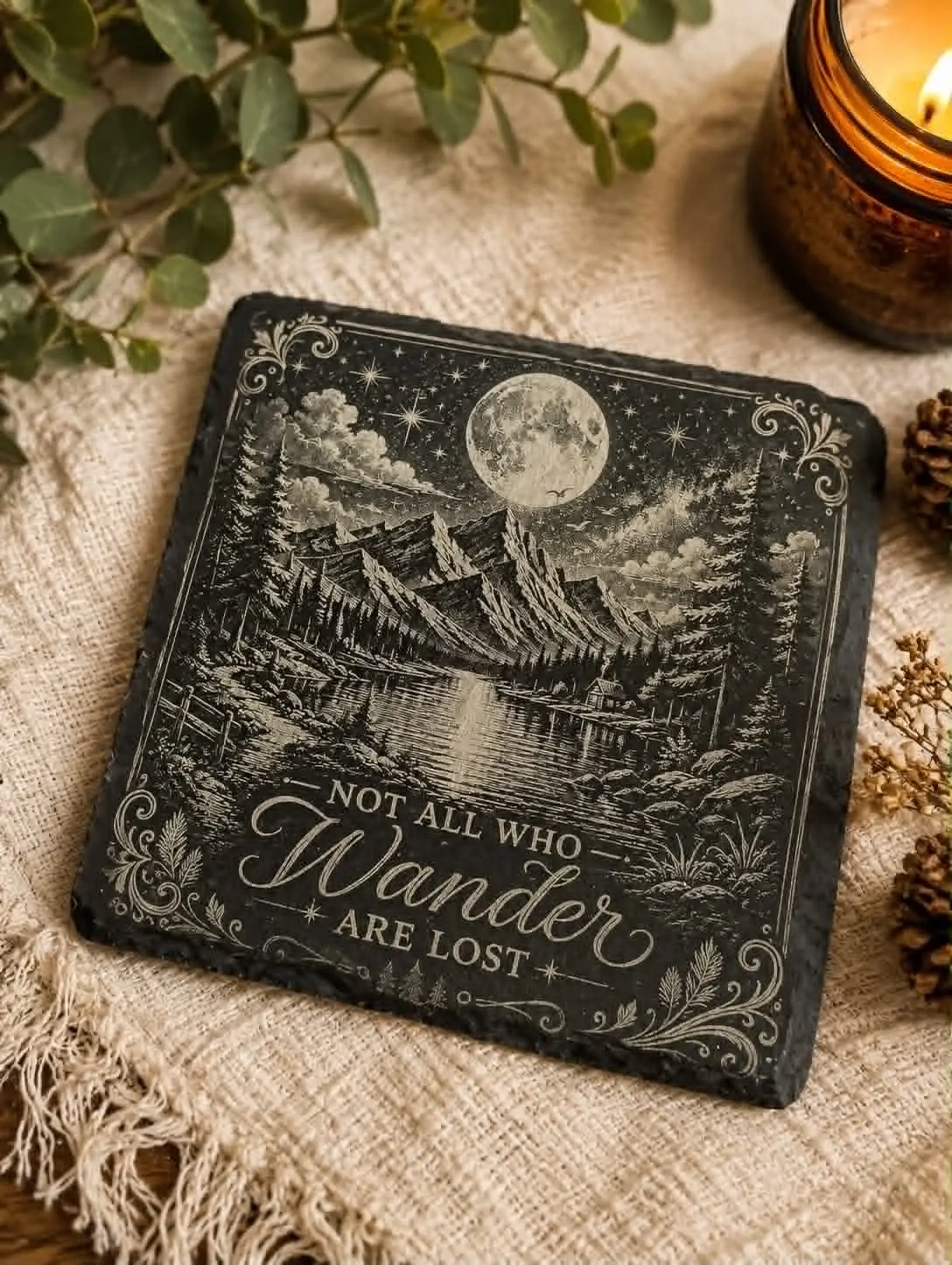 Not All Who Wander Are Lost Slate Coaster | Moon & Mountain Engraved Coaster | Rustic Cabin Decor | Nature Lover Gift | Camping Gift | Housewarming