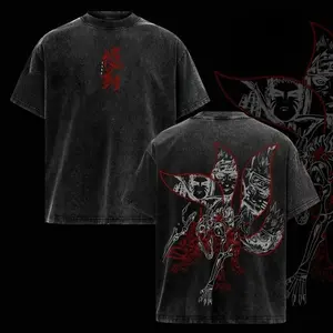 Menswear Naruto Kurama Sharingan Top - Retro Vintage Washed, 9 Tails Fox Anime Graphic, Oversized Soft Cotton Fabric, Short-Sleeve Unisex Casual Streetwear Tee, Gift for Anime Fans
