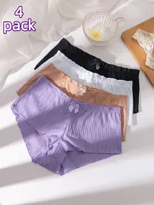 Sexy Lace Trimmed Boxer Briefs, Sweet Bow Design, Plain Color, Breathable & Comfortable, All-Season Women's Underwear, 4-Pack
