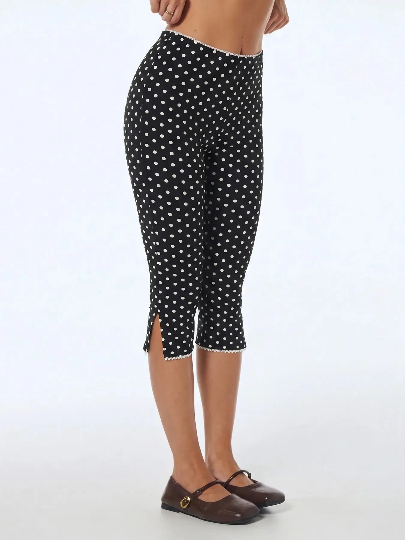 Women's Black White Polka Dot Lace Hem Capri Pants 2026 Y2K Retro High Waisted Slim Fit Casual Chic Summer Comfy Stretchy Streetwear Summer Daily Trendy Going Out Stylish Bottoms Viral TikTok Fashion Essential