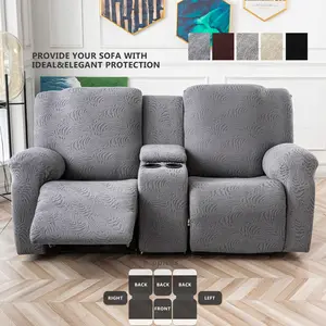 Stretch Loveseat Recliner Covers with Console, Jacquard Recliner Sofa Covers with Pockets, Furniture Protector with Elastic Straps Bottom