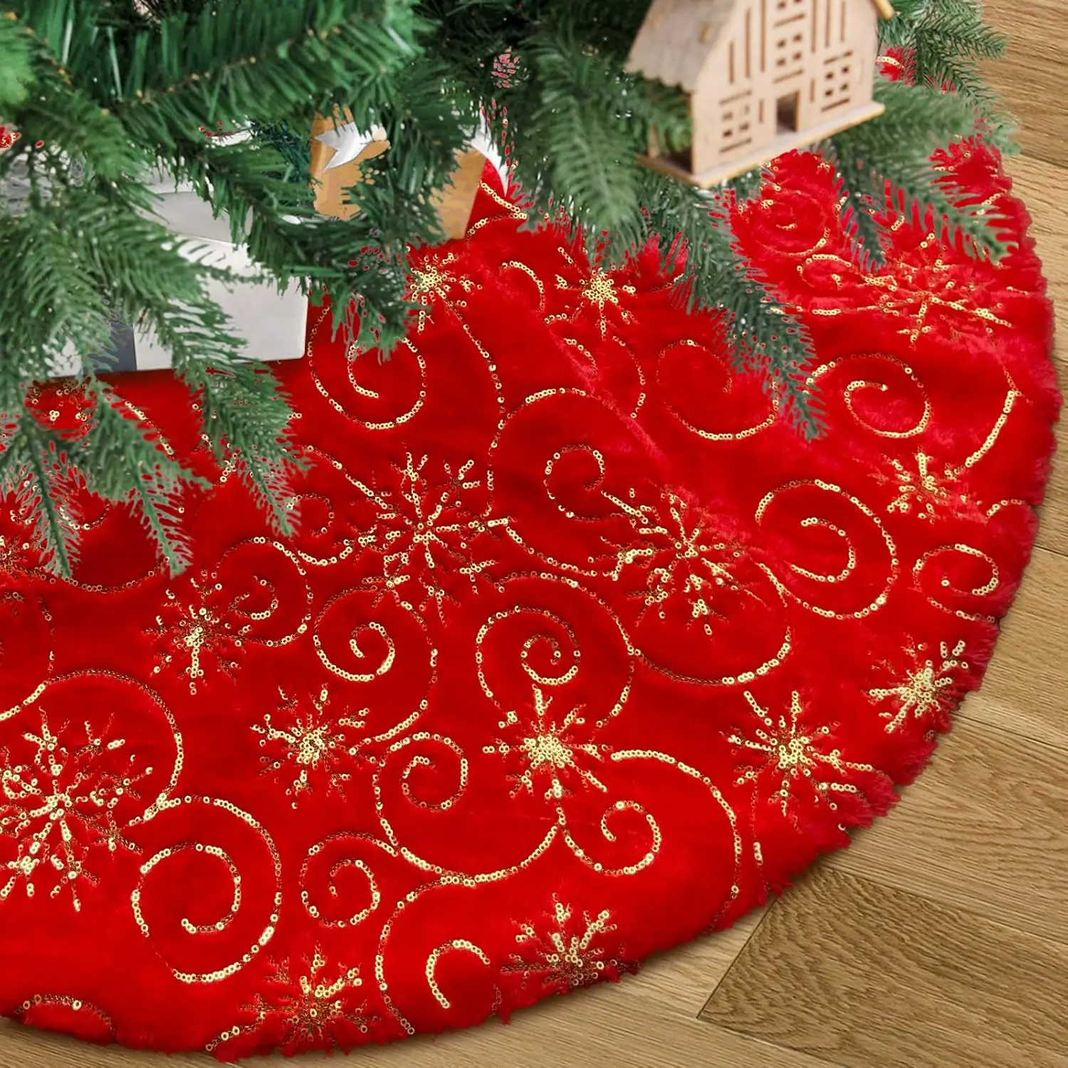 Red Plush Christmas Tree Skirt 30 inches Fur Christmas Tree Skirt with Gold Sequin Snowflakes Xmas Tree Skirt Mat for New Year Christmas Holiday Decorations - 78cm