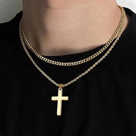 Layered Cross Necklace for Men & Women - Stainless Steel Layered Rope Chain Cross Pendant - High-Quality Material - Simple Jewelry Gifts Stainless Steel new  year