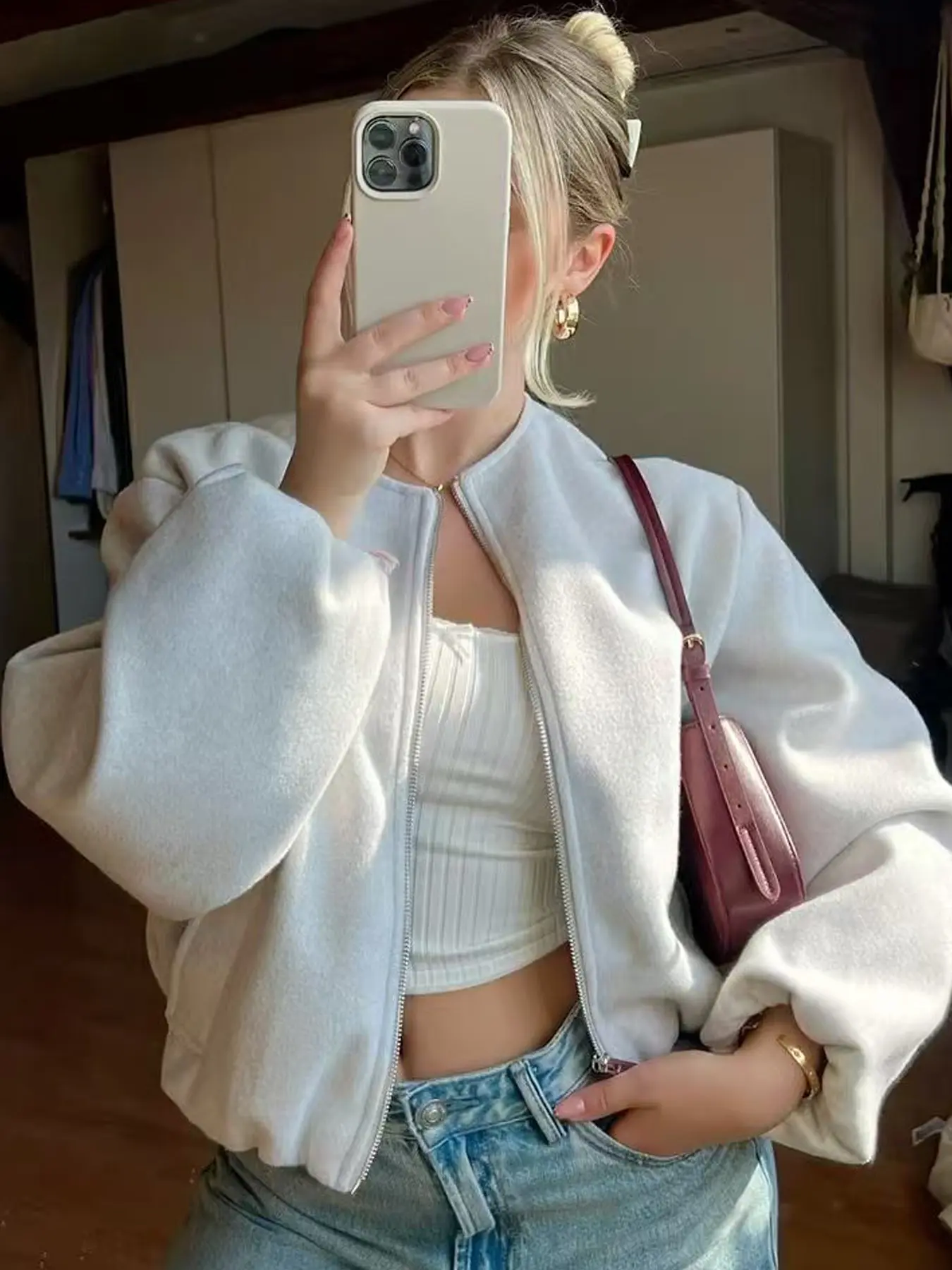 Oversized Cropped Varsity Bomber Baseball Jacket Women's Jacket Autumn Spring 2026 Minimalist Soft Tweed Round Neck Aviator Jackets Loose Fashion Jacket Casual Beige White Gray Black Outerwears Fashion Streetwear & Holiday Jacket Coats Womenswear Tops