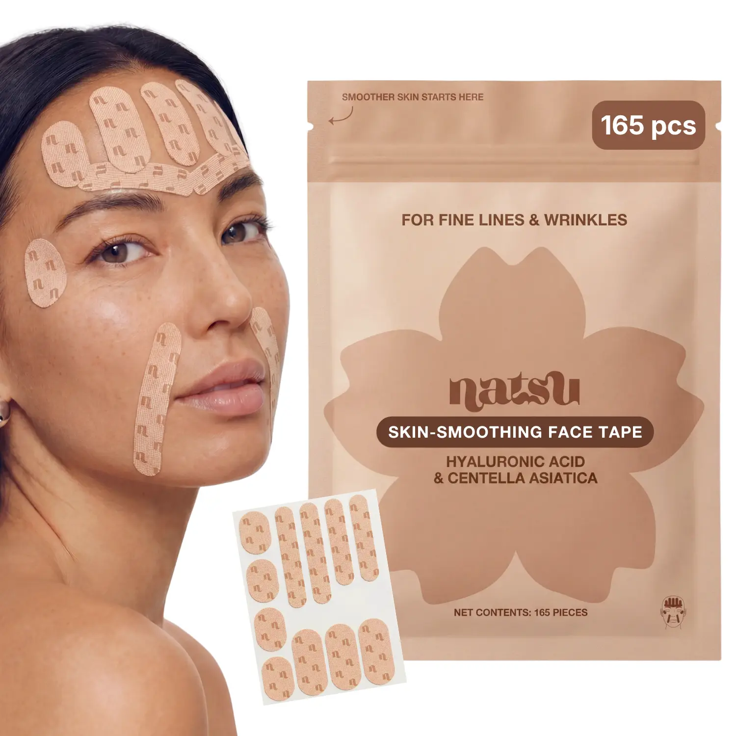 Cotton Face Tape - 165 Pre-Cut - Hyaluronic Acid & Centella Asiatica Cica - Overnight Wrinkle Smoothing for Forehead, Smile Lines, Frown Lines - Hypoallergenic, Latex-Free, Sensitive Skin Friendly