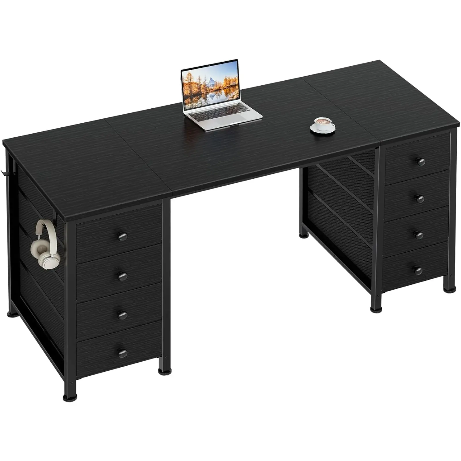 55" Long Sturdy Adjustable Student Computer Desk - Home Office Storage Drawer Platform with 8 Fabric Drawers (2 on Each Side) for Bedroom Study Work