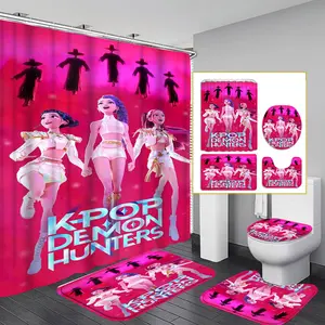 4-Piece Modern Bathroom Curtain Set, Colorful Background Shower Curtains, Includes 12 Hooks, Non-Slip Toilet Mat & U-Shaped Seat Cover