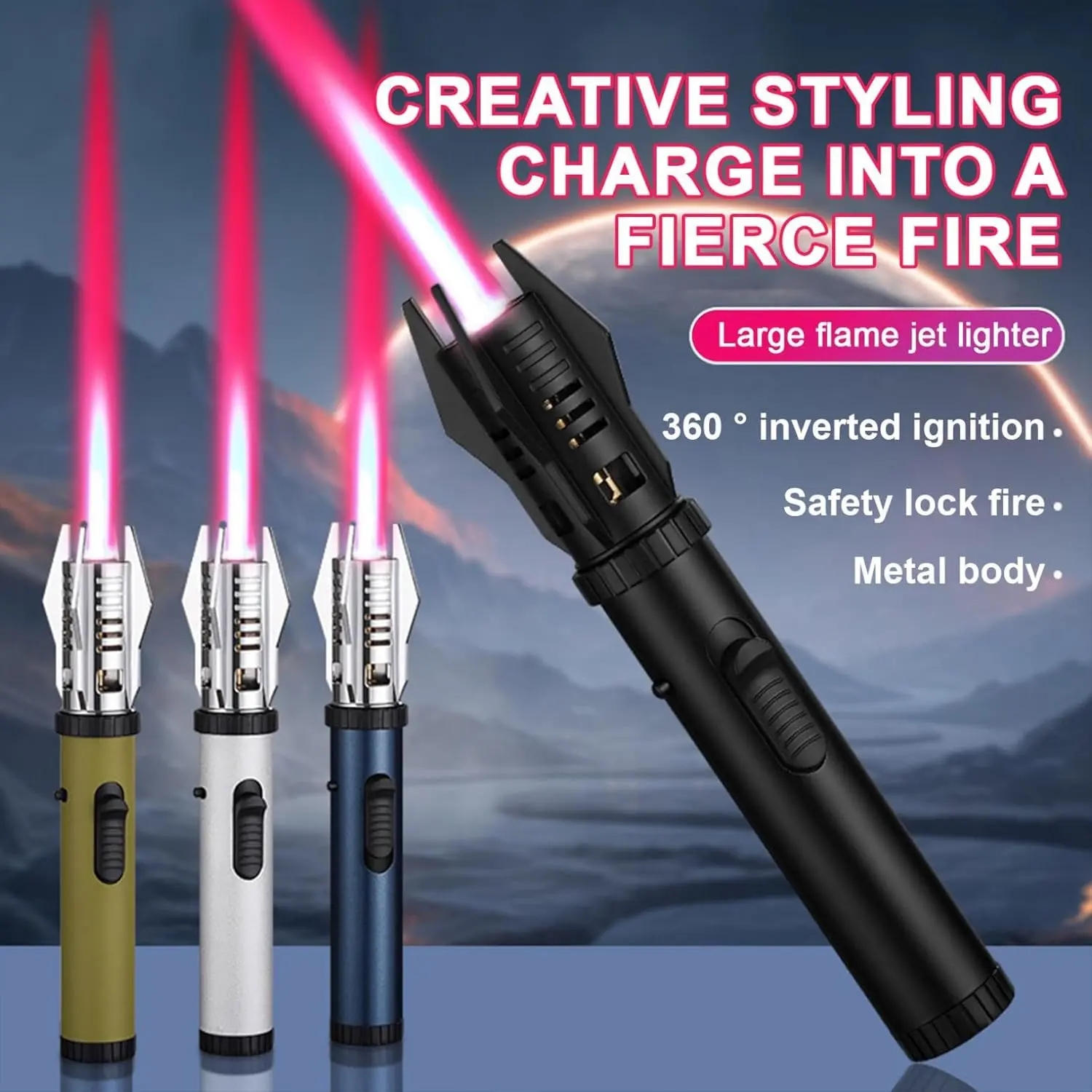 8" Long Reach Aluminum Windproof Red Flame Lightsaber Torch Lighter with Safety Lock, Men's Stuff Father's Day Gift for Dad, Built for Backyard BBQ & Camping, Black Portable Stainless Tool (Butane Not Included), Father's Day Gifts