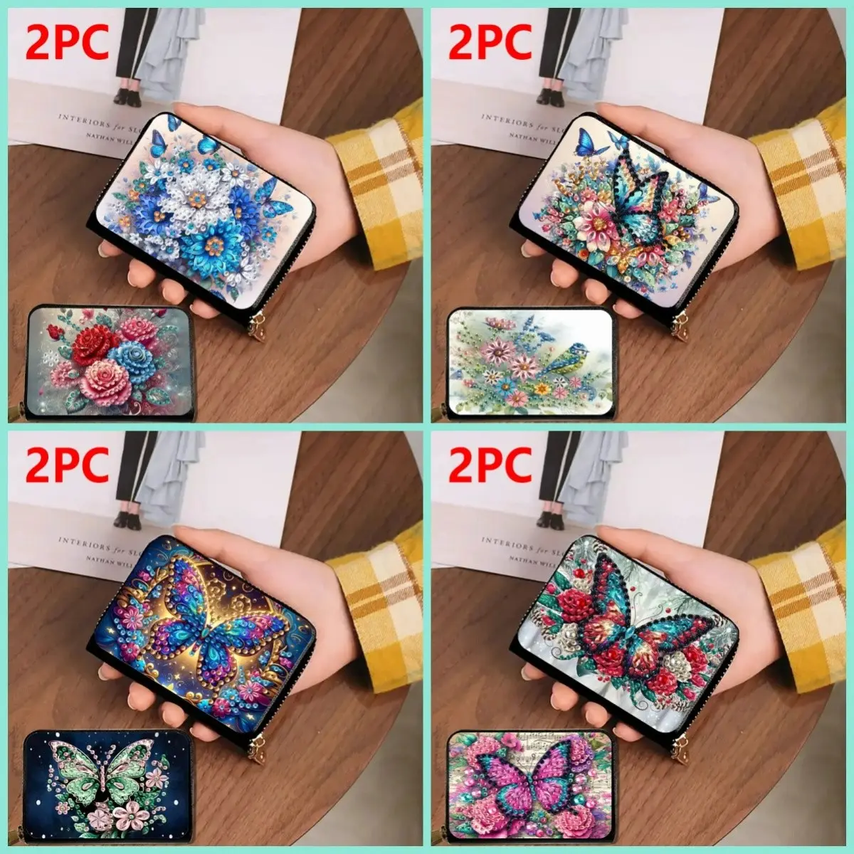 1 piece diamond painting kit card case, Pu Card Holder, Credit cards holder, flower pattern, PU leather material, large-capacity multi-slot zipper design, suitable for holiday and daily use, with credit card pockets, ID card storage bag, creative gifts