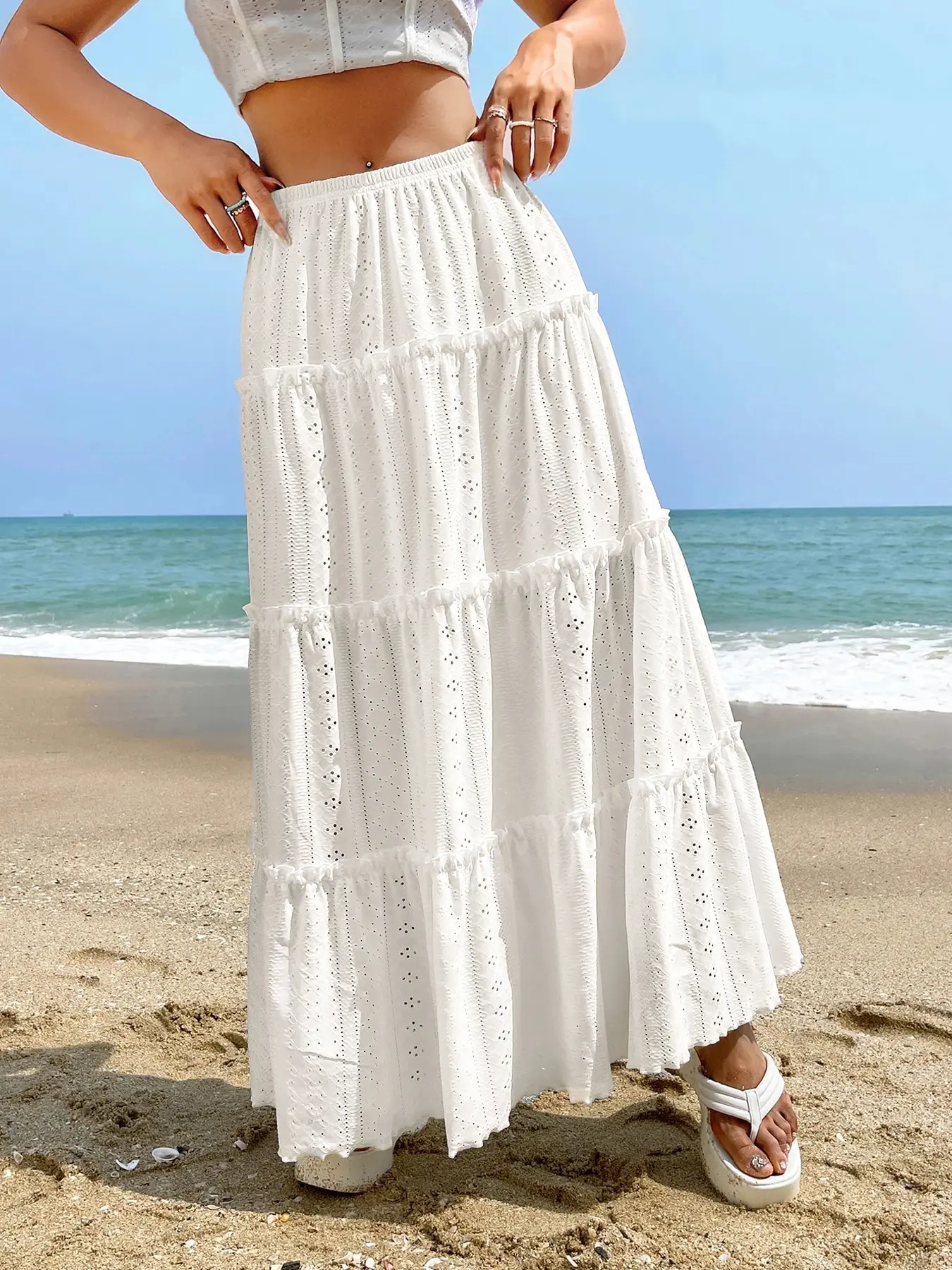 Women's 1pc Solid Fitted Eyelet-Punched Tiered Maxi Skirt Bottom Boho Casual Skirt   (Coastal Minimalist Summer Vibe Style), Lightweight Breathable Fabric & Elastic Smocked Waist & Flowy Ruffled Layers & Subtle Perforated Dot Detail Design ，flared skirt
