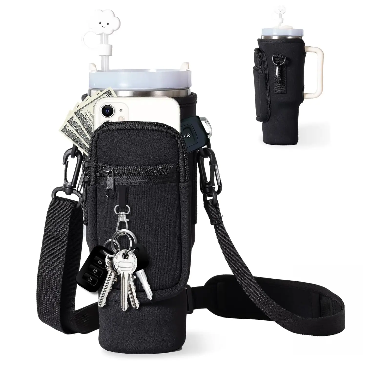 Water Bottle Carrier Bag with Phone Pocket for Stanley 40/30 oz Tumbler， Neoprene Water Bottle Holder Pouch with Adjustable Strap Bollus with Straw Cover & Carabiner New Year Gift Valentine's Day gift