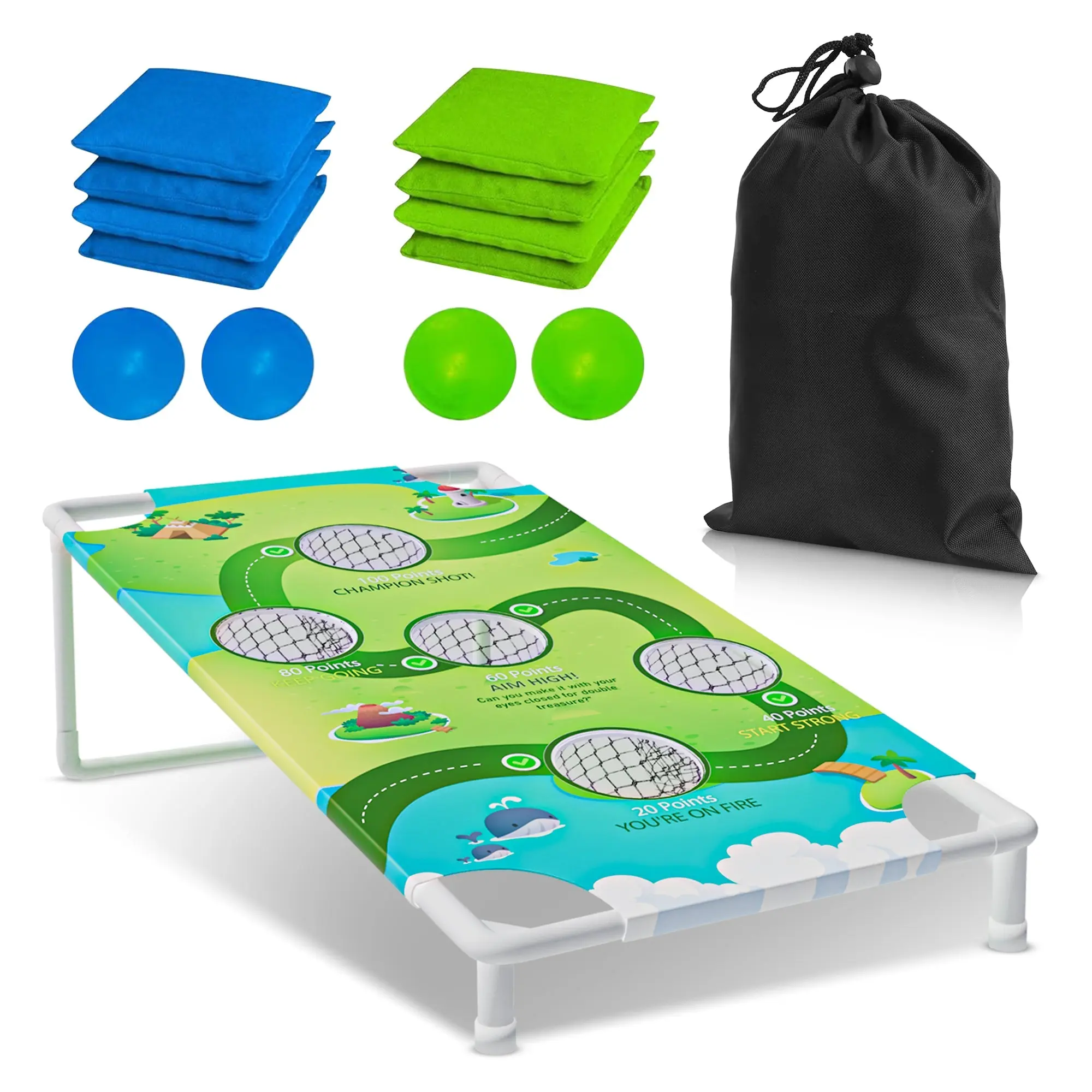 Champion Sport Portable Cornhole Board Game Set with Bean Bags & Toss Balls - 2-in-1 Outdoor Yard Game for Family Fun Beach Camping & Tailgate Parties Includes Green & Blue Bean Bags