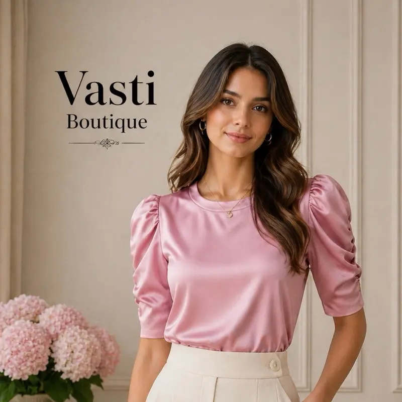 Satin Blouse with Puffed Sleeves and Round Neckline for Women