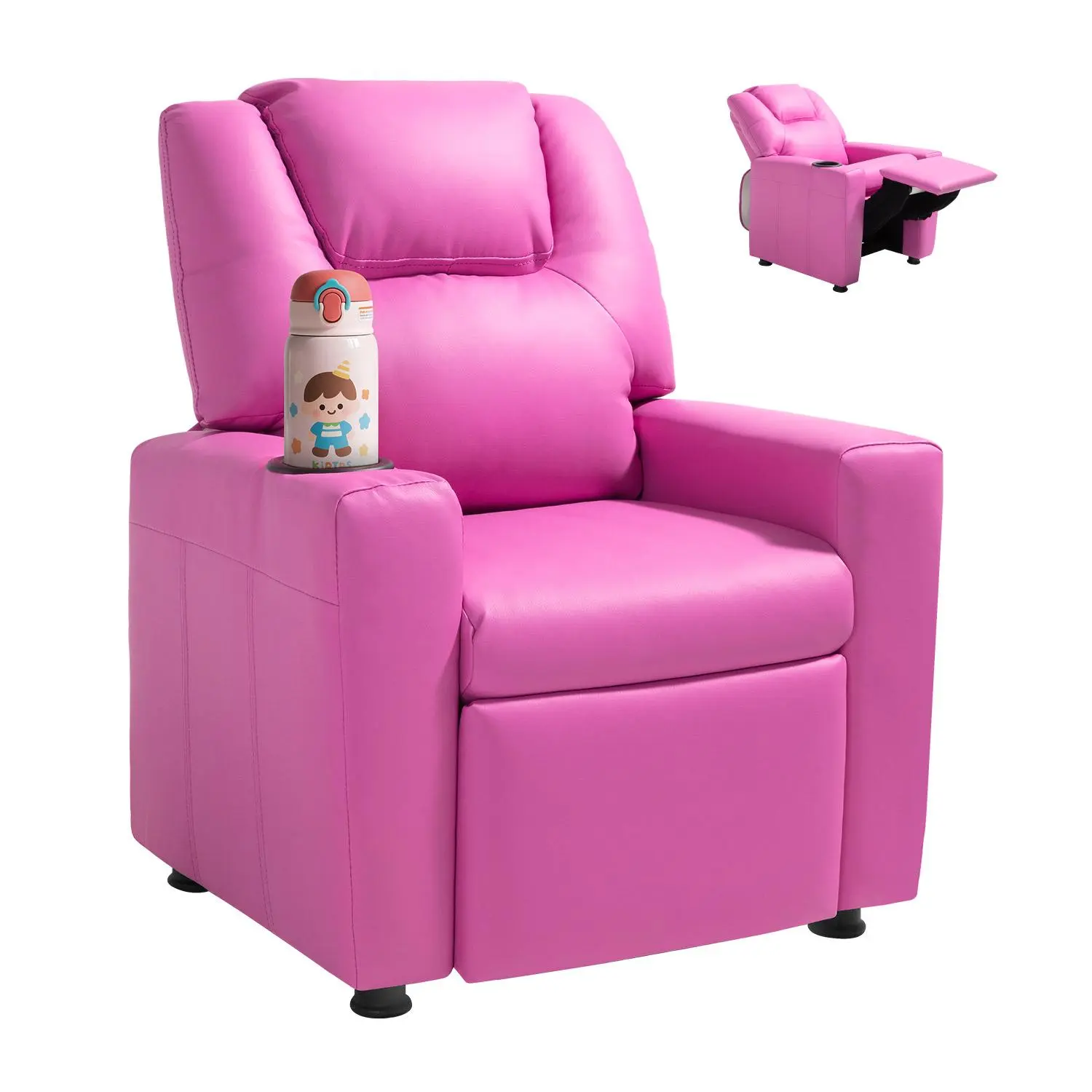 【summerfinds】VEVOR Kids Reclining Chair, Toddler Recliner with Cup Holder, 101° to 121° Adjustable Backrest, Easy-to-Clean PU Leather Recliner Couch with Footrest, 90 lbs Load, for Boys & Girls, Children (Pink), Ergonomic Recliner