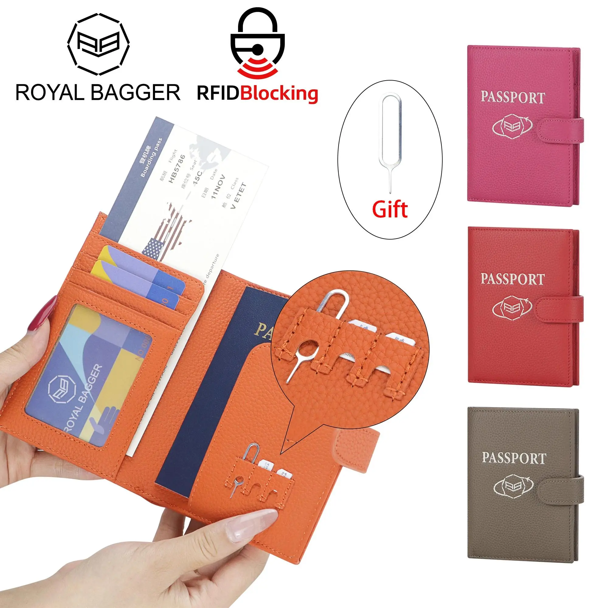 Royal Bagger Chic Genuine Leather Passport Wallet for Women, RFID Anti-Theft Travel Protector with SIM Card Tool and Buckle, Passport Protector, Passport Holders