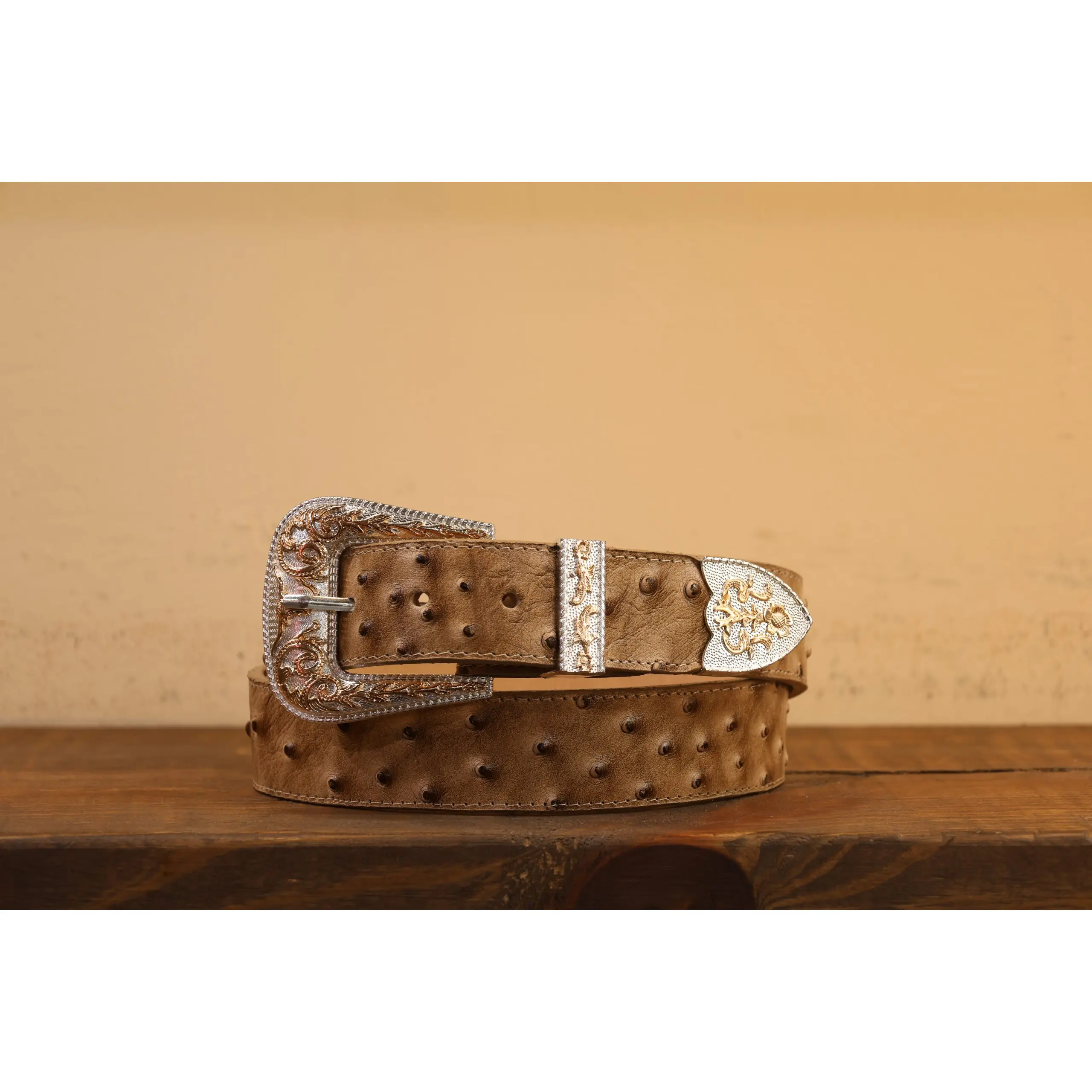 Men’s Orix Ostrich Print Belt 3 Piece Silver Buckle