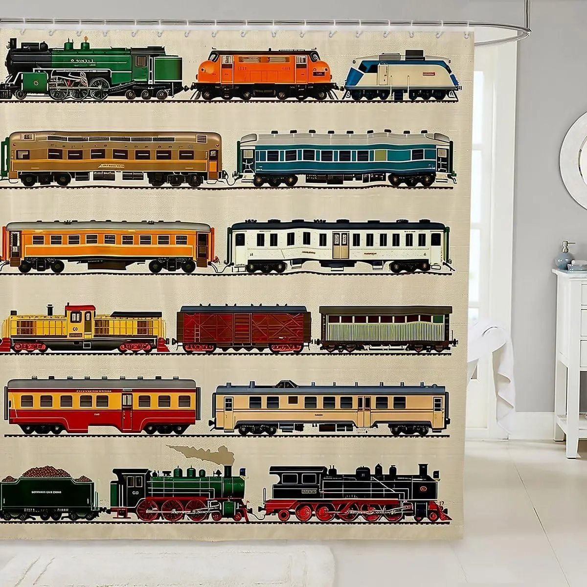 Vintage Train Shower Curtain Bathroom Decor Steam Trains Bath Curtain Locomotives Rail Bathroom Accessories Transport Waterproof Polyester Fabric Stalls Bathtubs