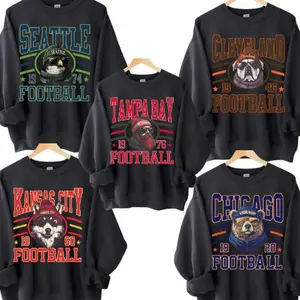 New Retro Style Varsity All Team Football Animal Crewneck Sweatshirt - Gildan Black Color, Long Sleeve, Medium Clothing Length - Spirit Animal Football, Sports Hometown, Menswear, All Sizes W51