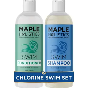 Maple Holistics After Swim Shampoo and Conditioner Set for Swimmers - Clarifying Chlorine Removal Hair Care - Saltwater and Hard Water Build Up Cleansing - Nourishing Argan Oil Coconut Green Tea Jojoba Lavender Rosemary Vegan Botanical Set for Hair