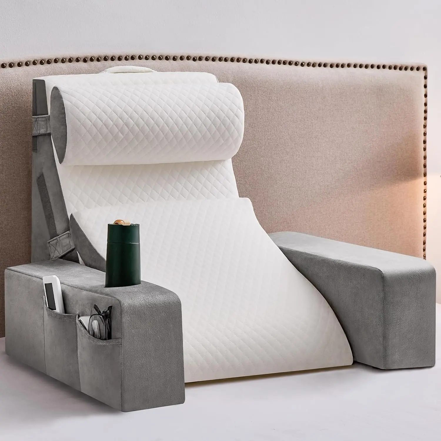 Reading Pillow for Sitting in Bed Adult,  Pillow for Bed Sitting up with Arms, Pockets and Cup holder, Sit Up Backrest Pillows for Beds Chair Support, Rest Pillow for Gaming (Light gray, 5 count)