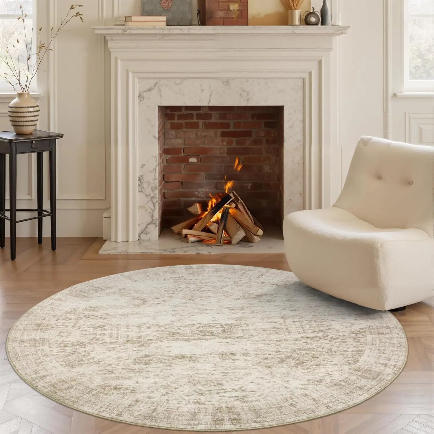 Art&Tuft 8x8 Beige Round Rug 6ft Living Room Rug Vintage Round Area Rug Non Slip Indoor Carpet for Dining Room Bedroom,back to school,dorm essentials,home decor,home essentials