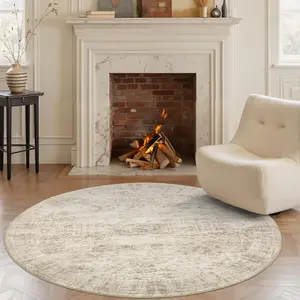 Art&Tuft 6x6 Beige Round Rug 6ft Living Room Rug Vintage Round Area Rug Non Slip Indoor Carpet for Dining Room Bedroom