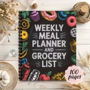Weekly meal plan and shopping list organizer | Meal Planner, A5 size, soft cover, mixed color, short edge, color-coded food tracking page, recipe section, shopping list, very suitable for weight loss, healthy eating and diet tracking.
