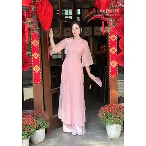 Pink Floral Vietnamese Modern Ao Dai Set | Áo Dài Cách Tân C2