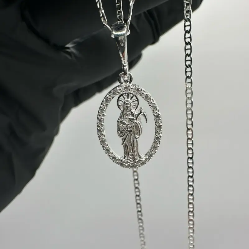 925 Sterling Silver Mini Santa Muerte Pendant Necklace - 20in Italian Mariner Chain - Mexican-Inspired Silver Jewelry