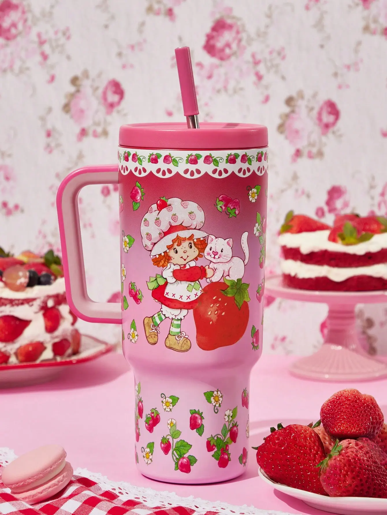 40oz Strawberry Shortcake Cartoon Print Insulated Tumbler Cup - Portable Reusable Washable Water Bottle with Handle, Kitchenware Drinkware for Beverage Drinking, Gifting
