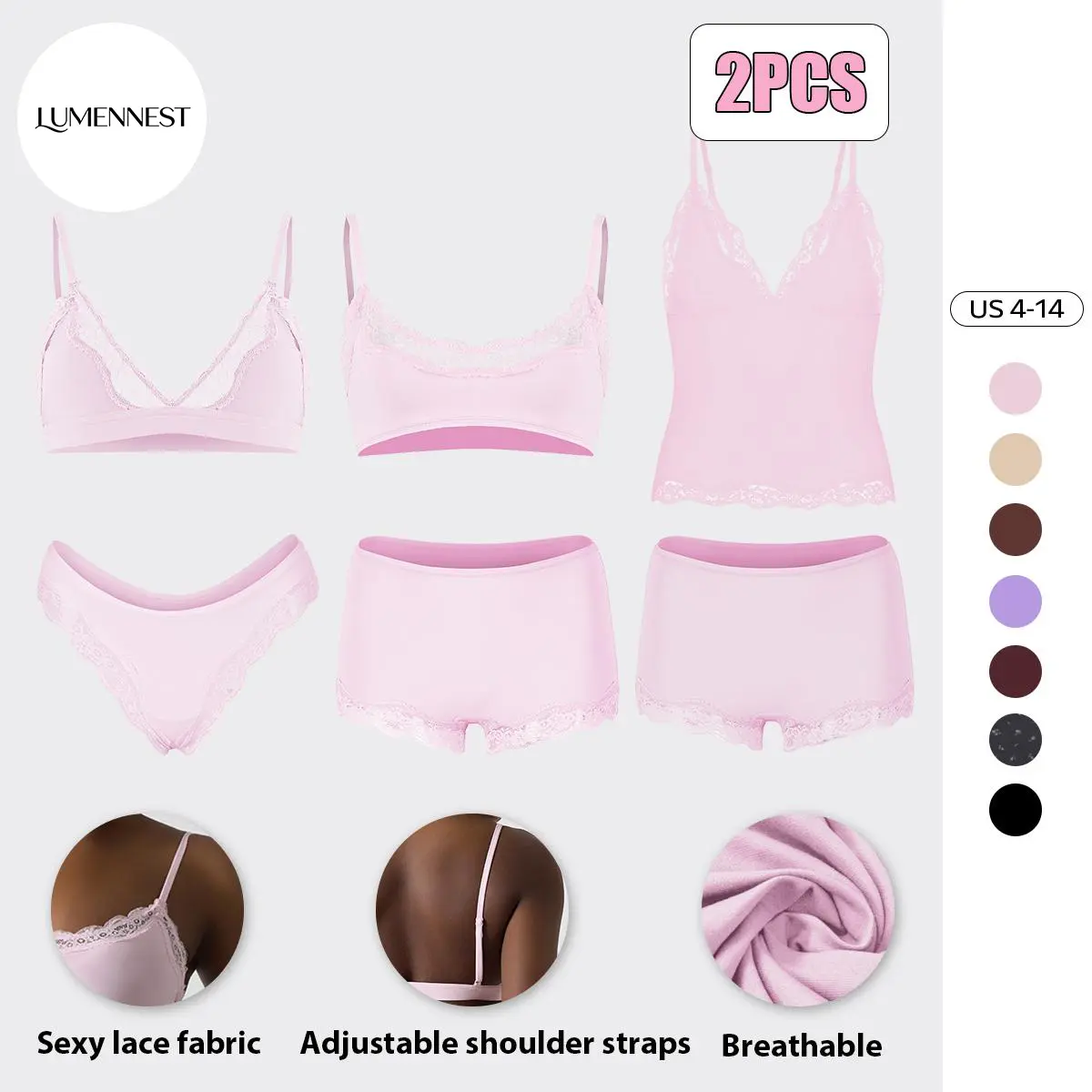 LUMENNEST Women's Minimalist Lace Series Spaghetti Strap Lace Trim Wirefree Breathable Bralette & Panties Set, Basic Underwear Set