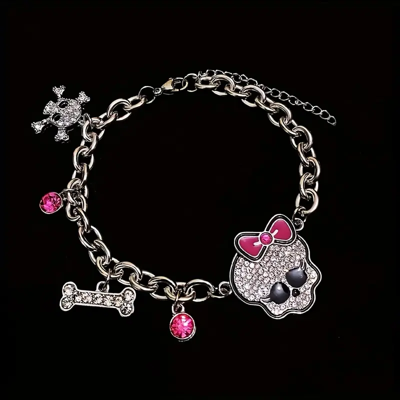 Y2K Punk Gothic Skull & Bone Charm Bracelet LL3051241 - Thick Chain Copper Alloy Jewelry with Pink Crystal Accents for Women's Fashion Accessories