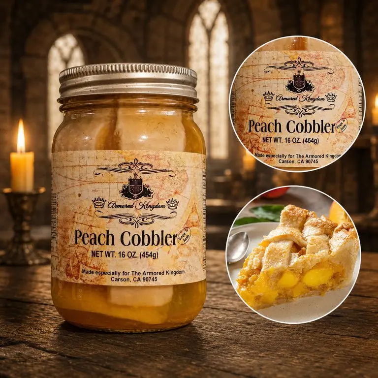 The Armored Kingdom Premium Baked Peach Cobbler-Pie in a Jar - 16 oz Brown Sugar Custard Vanilla Milk Pie, Gluten-Free Specialty No-Mixing Holiday Pantry Dessert with Real Peaches