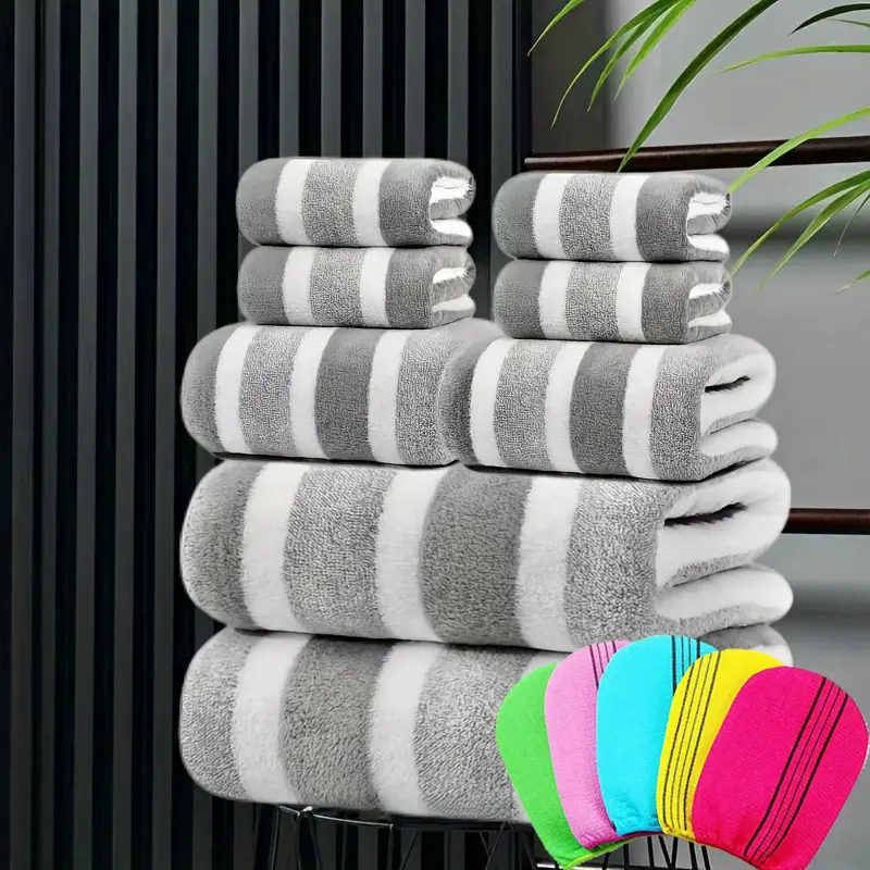 9 Pack Two-Tone Striped Bath Towel Set, Lint-Free, Ultra Absorbent & Skin-Friendly Soft Shower Towels, Includes 2 Large Bath Towels, 2 Face Towels, 4 Hand Towels & 1 Random Color Bath Exfoliating Cloth, All-in-One Household Bathroom Towel Kit