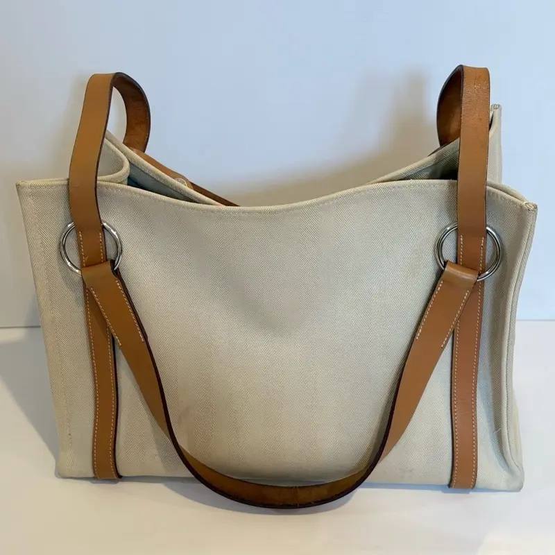 Pre-owned HERMÈS canvas tote bag HERMES Natural Hunter Calfskin Toile Chevron Cabalicol