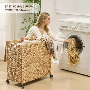 Handwoven Laundry Hamper with Lid, Natural Water Hyacinth Heightened Feet Laundry Basket, Wicker Clothes Hamper with Removable Liner Bag, Clothes storage, Handmade Laundry(229)