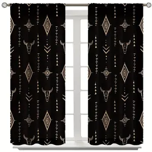 1Set/2Pcs Western Curtains, Rustic Retro Bull Skull Southwest Farmhouse Rural County Cowboy Boho Beige Western Window Drape Treatments For Bedroom Living Room Kitchen