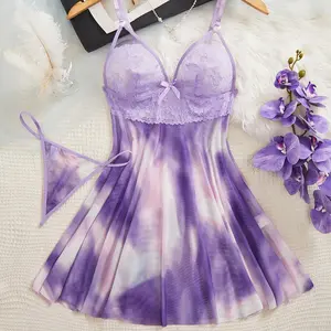Tie-dye mesh slip nightgown set, elegant long sling dress, casual home loungewear
