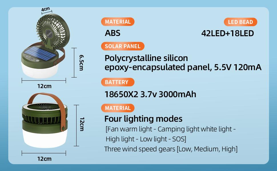 Solar Powered Camping Fan – 3-Speed with 4 Light Modes, USB & Solar Charging, Portable Solar Fan for Tent, Hiking, Emergency Use