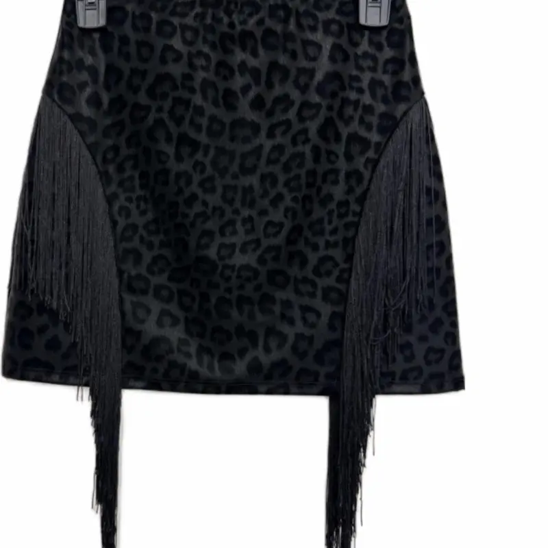 Fringe Pleather Skirt with Leopard Print and Fringe Details