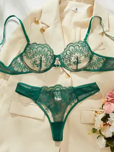 Women's Elegant 2-Piece Floral 3D Embroidered Lace Lingerie Set - V-Neck, Plant-Inspired Design, All-Seasons Mesh, Seamless Pastel Blackish Green Thong, Lace-Trimmed 2-Piece Underwear Sets, Thong Underwear Sets Womenswear Vneck