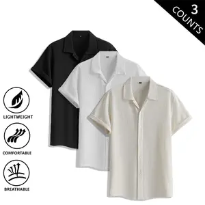 3-Pack Men’s Cuban Collar Short Sleeve Shirts for Summer – Lightweight, Breathable Crinkle Cotton, Casual Loose Fit Turn-Down Collar
