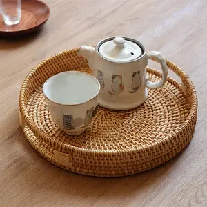 Vintage Handcrafted Rattan Tray with Handles for Tea Coffee Serving Handmade Storage Basket for Living Room